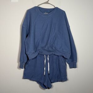 Aerie SET - Corded Cropped Sweatshirt and Tie Front Shorts in Blue - L